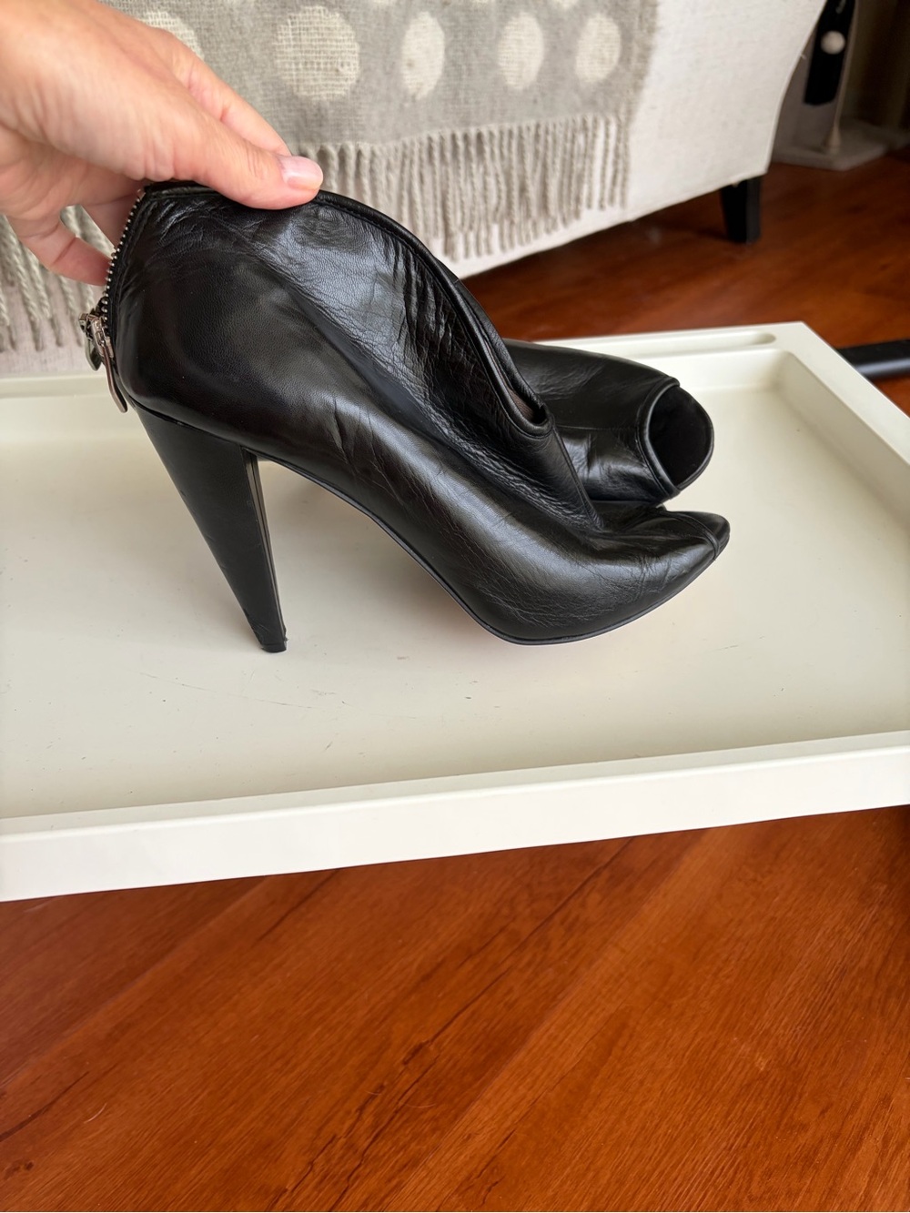 Vince Camuto Black Leather Peep-Toe Stiletto Booties